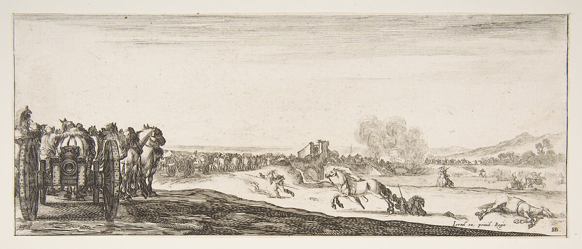 A procession of horse-drawn cannon carriages to left, horsemen in combat and a dead horse to right, battle on a bridge in center background, from "Peace and War" (Divers desseins tant pour la paix que pour la guerre), Stefano della Bella (Italian, Florence 1610–1664 Florence), Etchin; second state of two 
