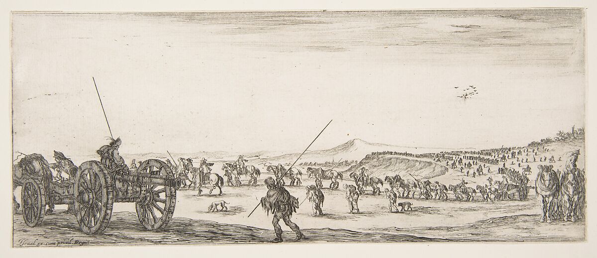 A procession of horsemen and cannons in the middle ground walking to the left, a cannon and two men to left, from "Peace and War" (Divers desseins tant pour la paix que pour la guerre), Stefano della Bella (Italian, Florence 1610–1664 Florence), Etching; second state of two 