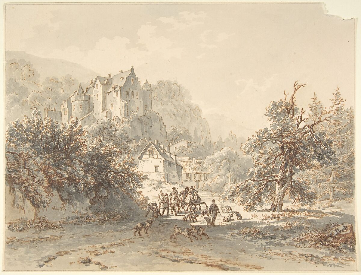 Landscape with a Hunting Party, Barend Cornelis Koekkoek (Dutch, Middelburg 1803–1862 Cleve), Pen and black ink, brush and gray wash, over graphite 