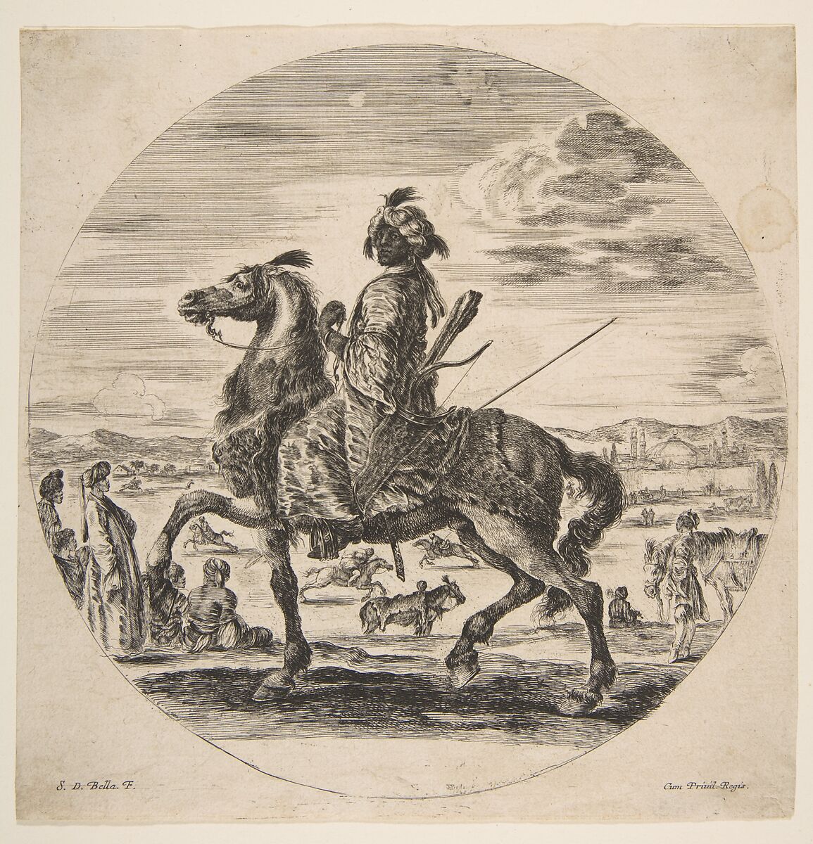A Moorish horseman facing the left, standing and seated Turks in the middle ground, and other horsemen in the background, from 'Figures on Horseback' (Cavaliers nègres, polonais et hongrois), Stefano della Bella (Italian, Florence 1610–1664 Florence), Etching 