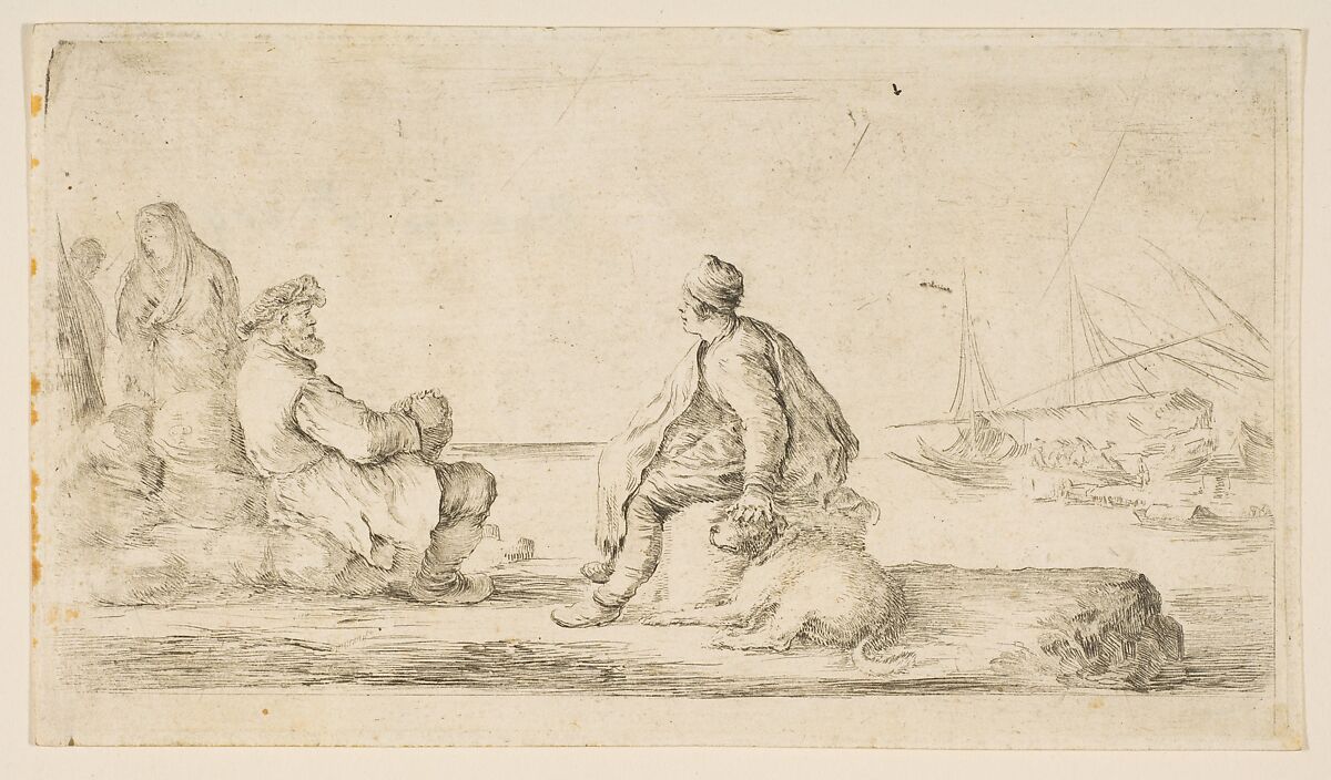 A young sailor and an old man sitting by the sea, Stefano della Bella (Italian, Florence 1610–1664 Florence), Etching; first state of two 