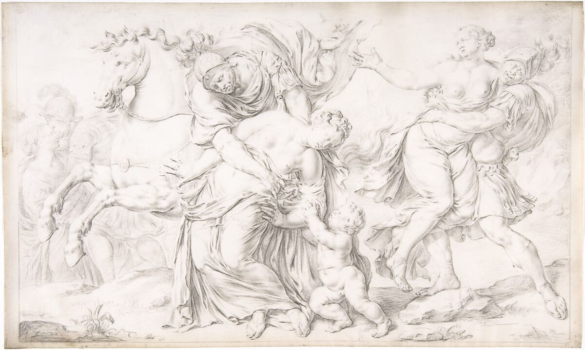 The Rape of the Sabines, Willem van Mieris (Dutch, Leiden 1662–1747 Leiden), Black chalk on vellum; framing lines in black chalk, by the artist 