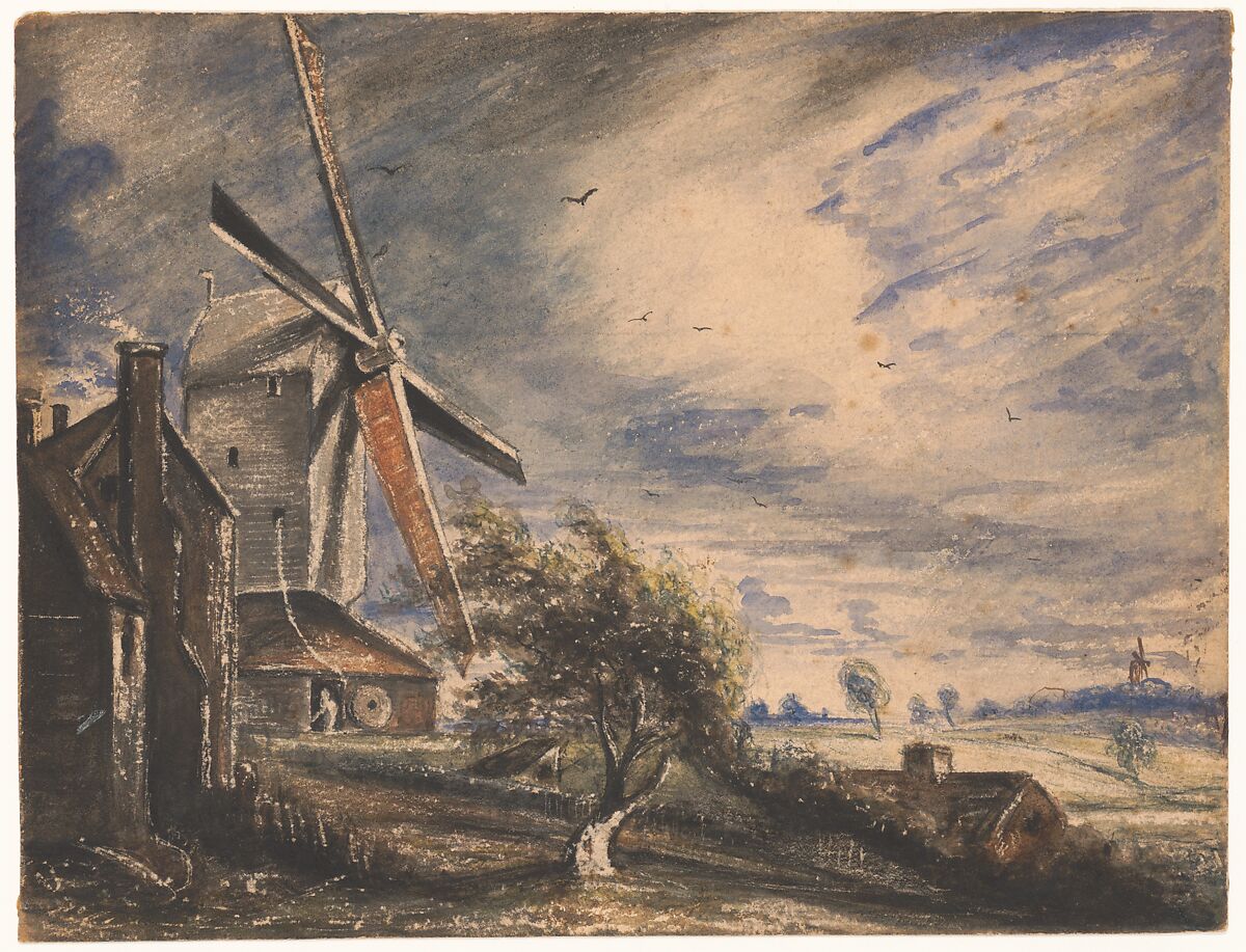 A Mill Near Colchester, John Constable (British, East Bergholt 1776–1837 Hampstead), Watercolor over traces of graphite, with scratching out and a touch of pen and brown ink on the horizon, evidence of squaring for transfer in graphite, with a color wash test verso