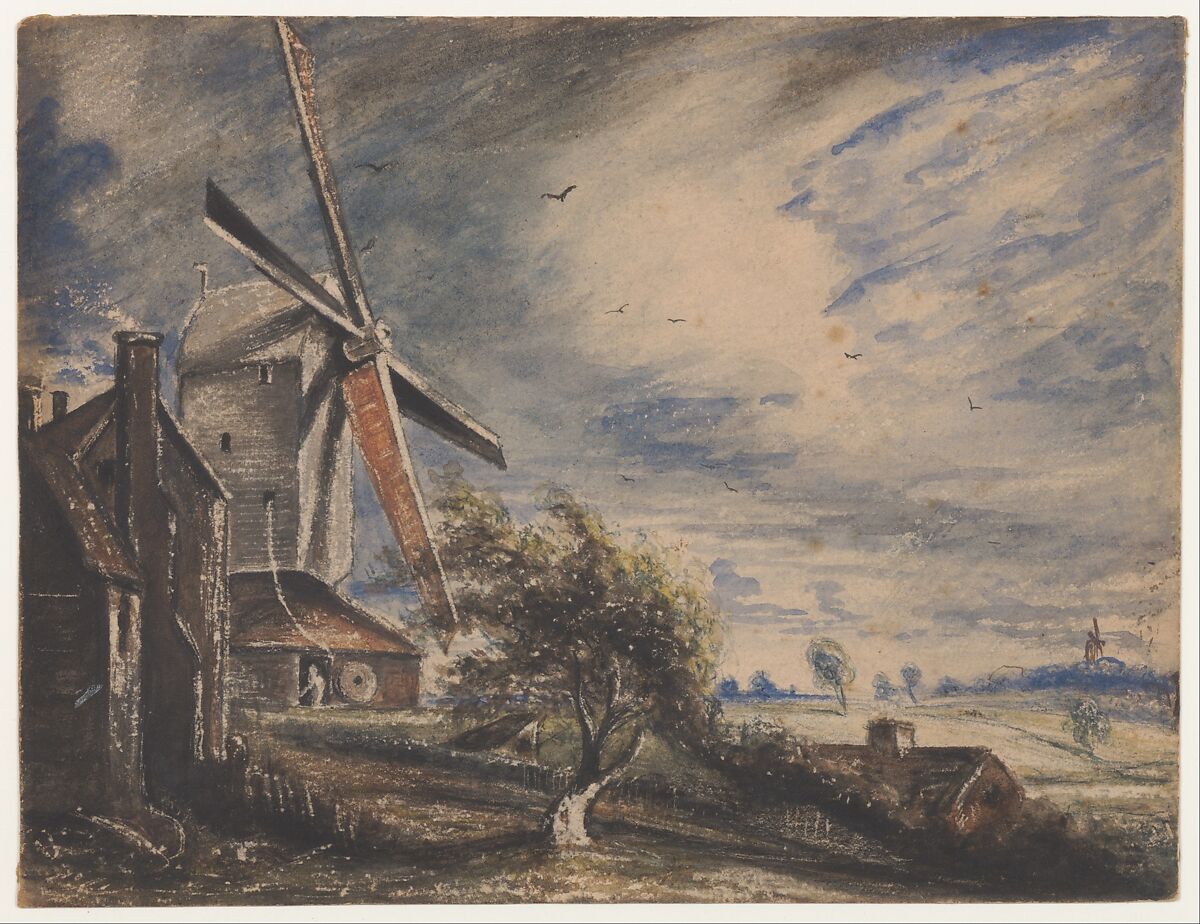A Mill Near Colchester, John Constable (British, East Bergholt 1776–1837 Hampstead), Watercolor over traces of graphite, with scratching out and a touch of pen and brown ink on the horizon, evidence of squaring for transfer in graphite, with a color wash test verso