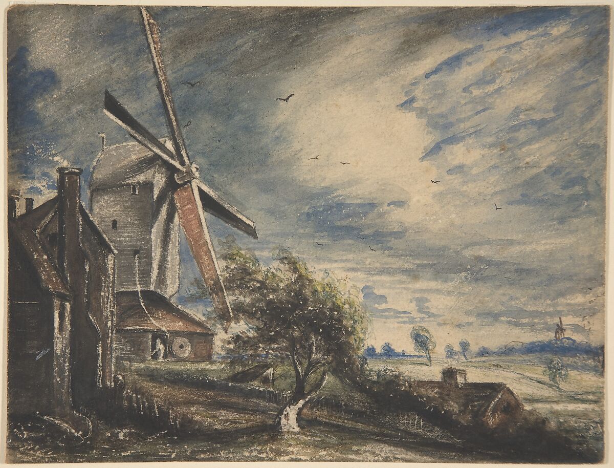 A Mill Near Colchester, John Constable (British, East Bergholt 1776–1837 Hampstead), Watercolor over traces of graphite, with scratching out and a touch of pen and brown ink on the horizon, evidence of squaring for transfer in graphite, with a color wash test verso 