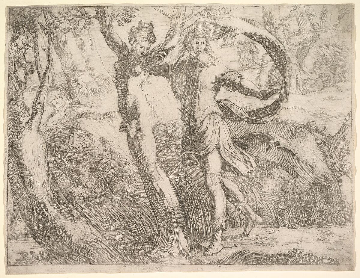 Wilton Album, folio 10a: Priapus and Lotis, Anonymous, Italian, 16th century, Etching 