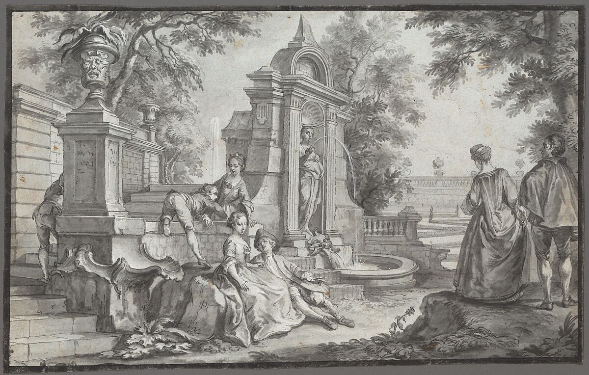 Gallant Company in a Park, Johann Wolfgang Baumgartner (German, Kufstein 1712–1761 Augsburg), Pen and black ink, brush and gray wash, heightened with white gouache, over black chalk. Framing line of pen and black ink and brush and black wash. Incised for transfer 