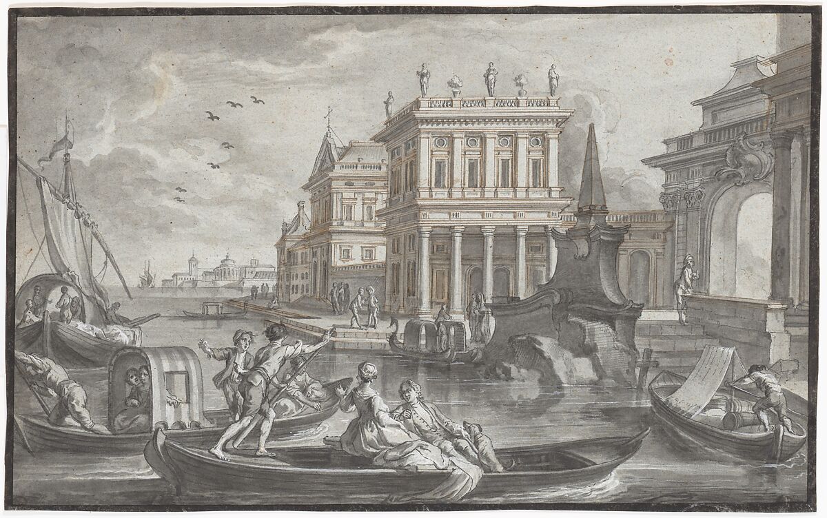 Canal Scene with a Palazzo, Johann Wolfgang Baumgartner (German, Kufstein 1712–1761 Augsburg), Pen and black and brown ink, brush and gray ink, heighetend with white gouache, on blue paper, incised for transfer; framing line in brush and black ink, by the artist; verso prepared for transfer with red chalk 