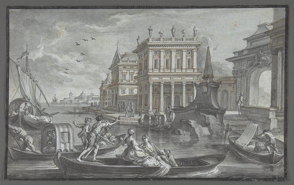 Canal Scene with a Palazzo, Johann Wolfgang Baumgartner (German, Kufstein 1712–1761 Augsburg), Pen and black and brown ink, brush and gray ink, heighetend with white gouache, on blue paper, incised for transfer; framing line in brush and black ink, by the artist; verso prepared for transfer with red chalk