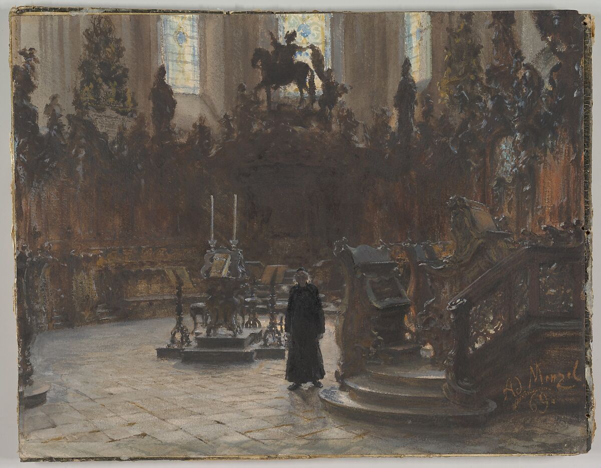 The Choirstalls in the Mainz Cathedral, Adolph Menzel (German, Breslau 1815–1905 Berlin), Watercolor and gouache (with gum arabic); framing lines in graphite 