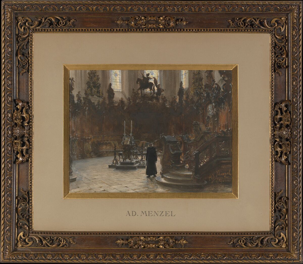 The Choirstalls in the Mainz Cathedral, Adolph Menzel (German, Breslau 1815–1905 Berlin), Watercolor and gouache (with gum arabic); framing lines in graphite