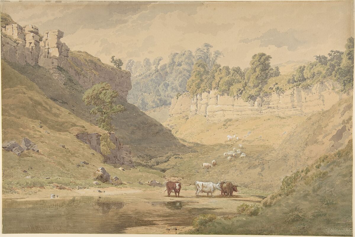Cattle at a watering hole in a valley, John Henry Mole (British, Alnwick, Northumberland, 1814–1886), Watercolor over graphite with gouache (bodycolor) and reductive techniques 