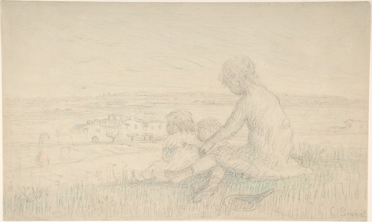Children Seated on a Hillside with a Racquet, Charles-Emmanuel Serret (French, 1824–1900), Black chalk and pastel 