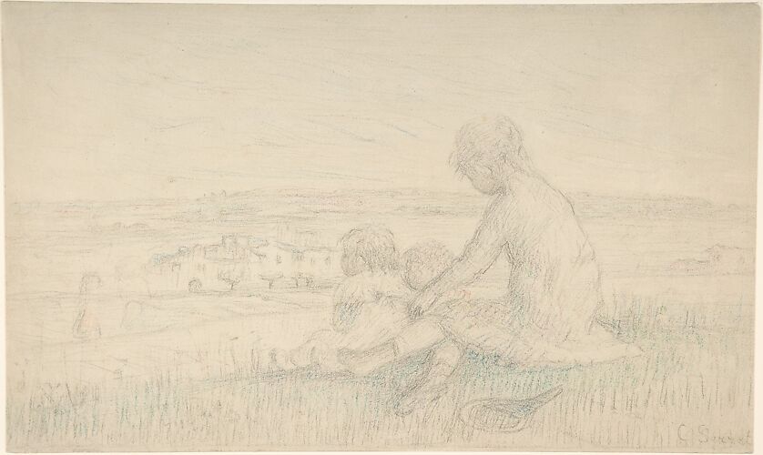 Children Seated on a Hillside with a Racquet