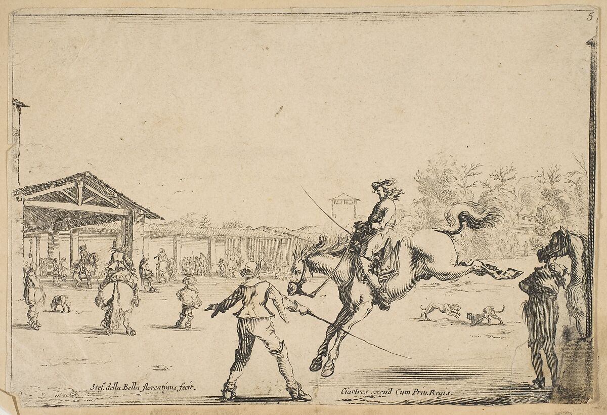A riding school, a horseman with sword jumping directed by another man with a sword in center, a man standing next to his horse to right, various horsemen, the school, and two dogs in the background, from 'Varie figure', Stefano della Bella (Italian, Florence 1610–1664 Florence), Etching; fourth of four states 