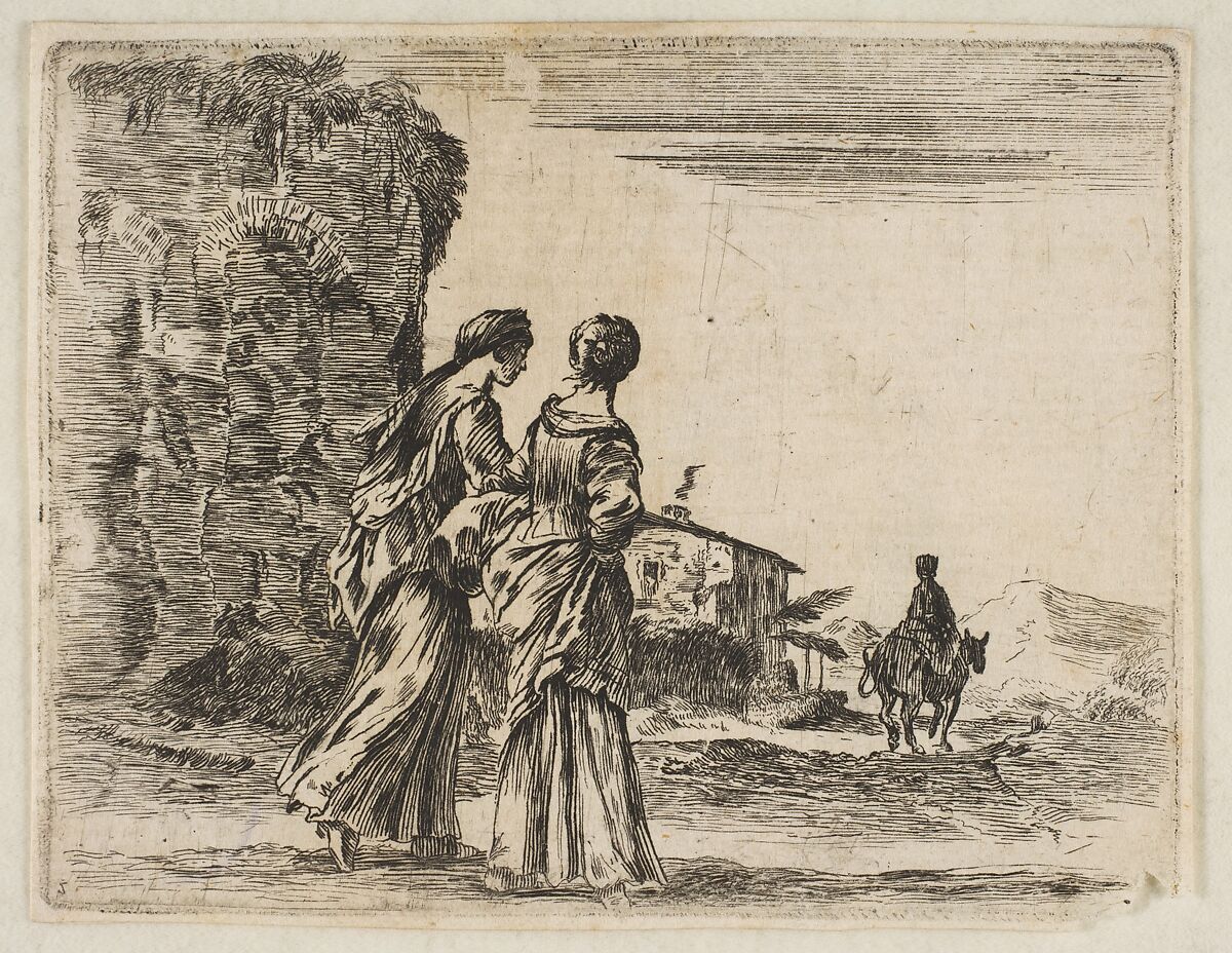 Plate 3: two girls walking towards the right, seen from behind, a woman on a horse to right in background, from "Diversi capricci", After Stefano della Bella (Italian, Florence 1610–1664 Florence), Etching 