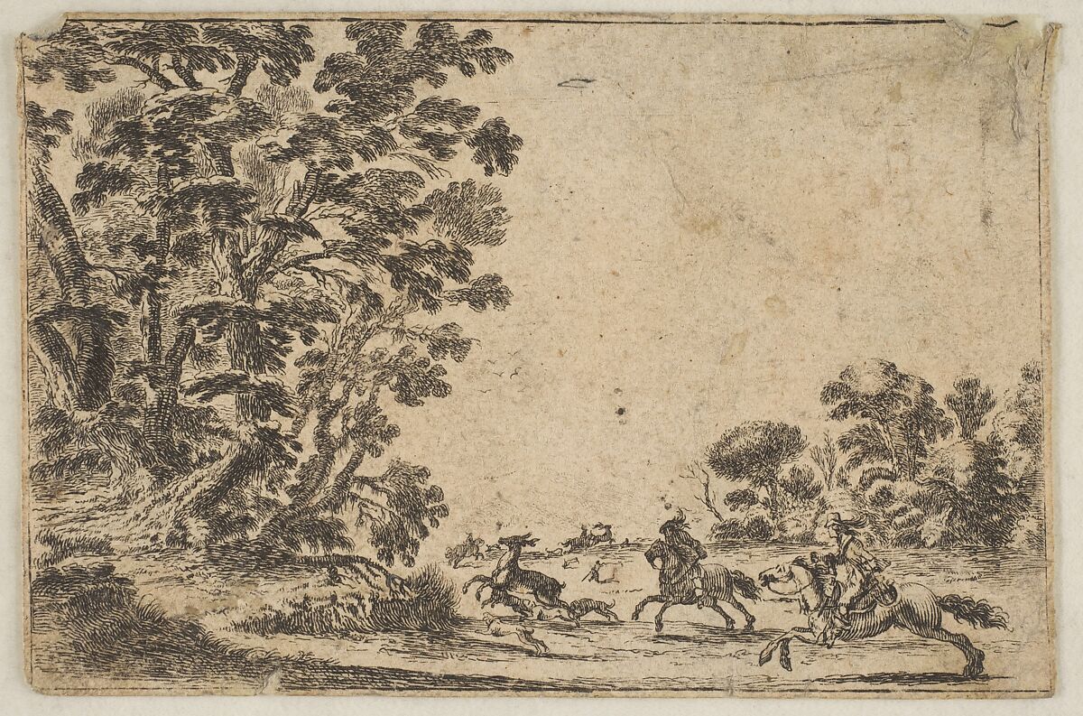 Plate 4: a deer hunt, two horsemen galloping towards the rightbehind three dogs and a deer, a group of trees to left, from "Various Figures" (Agréable diversité de figures), Reverse copy after Stefano della Bella (Italian, Florence 1610–1664 Florence), Etching 