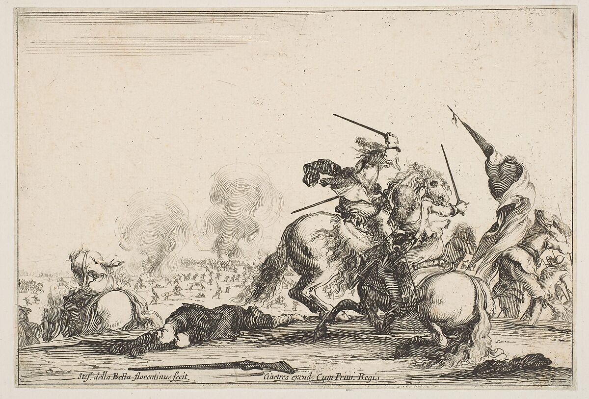 A skirmish, two horsemen battling with swords to the right, men carrying a flag running away towards the right, a dead man on the ground and a horseman seen from behind to the left, from "Varie figure", Stefano della Bella (Italian, Florence 1610–1664 Florence), Etching; first state of four 