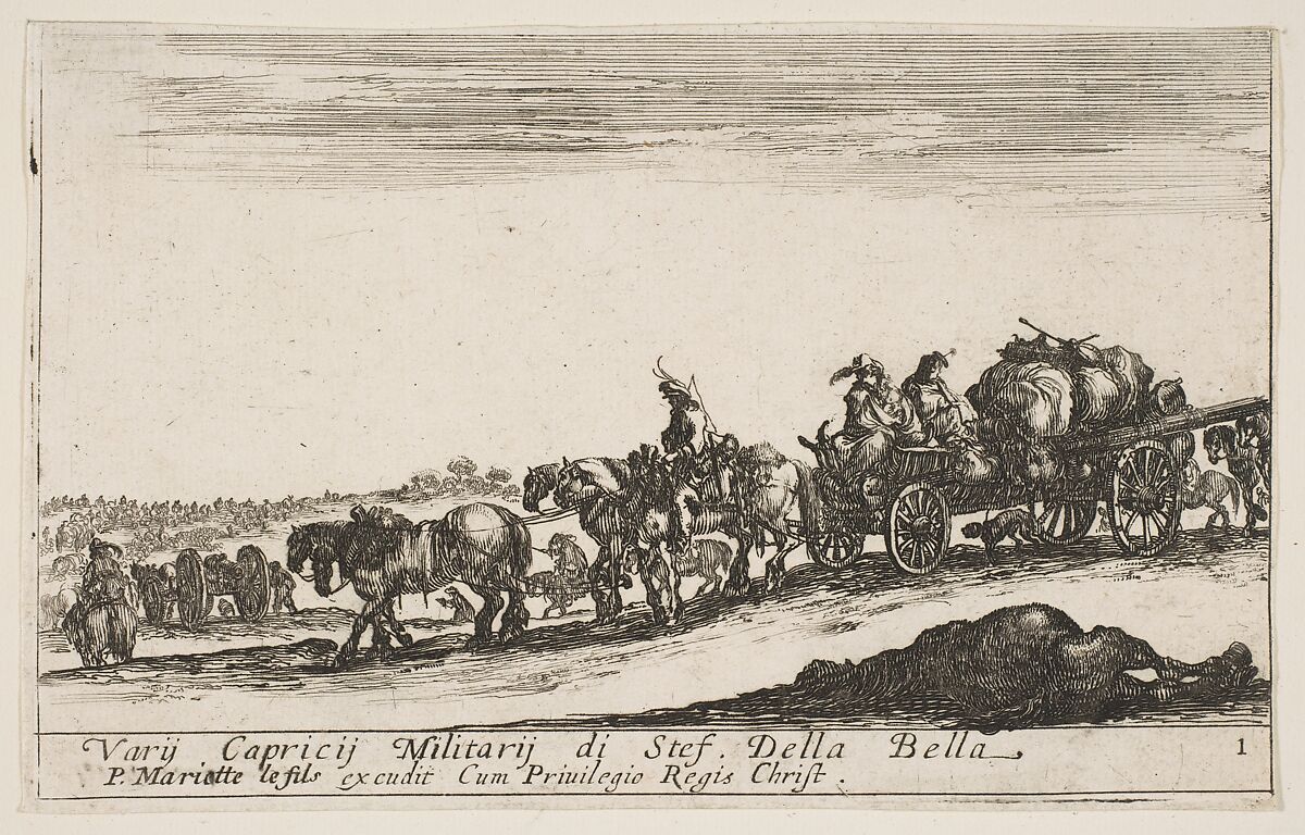 A horse drawn cart carrying people and goods, dead horse in the foreground, plate 1 from "Various Military Caprices" (Varii capricci militari), Stefano della Bella (Italian, Florence 1610–1664 Florence), Etching; second state of four 