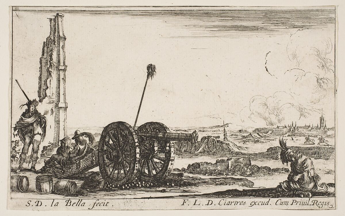A cannon to the left, a town in the background, plate 2 from "Various Military Caprices" (Varii capricci militari), Stefano della Bella (Italian, Florence 1610–1664 Florence), Etching; second state of four 
