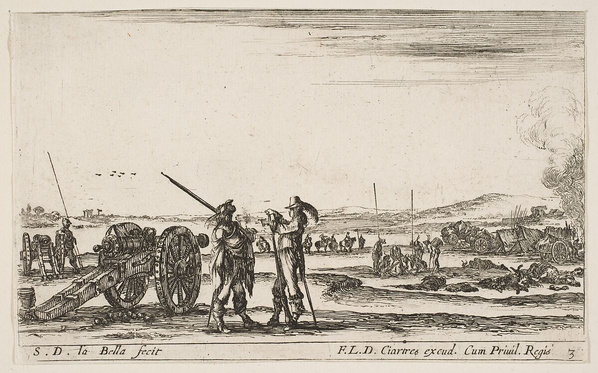 An officer giving orders to a soldier in centre foreground, cannon at left, plate 3 from "Various Military Caprices" (Varii capricci militari), Stefano della Bella (Italian, Florence 1610–1664 Florence), Etching; second state of four 