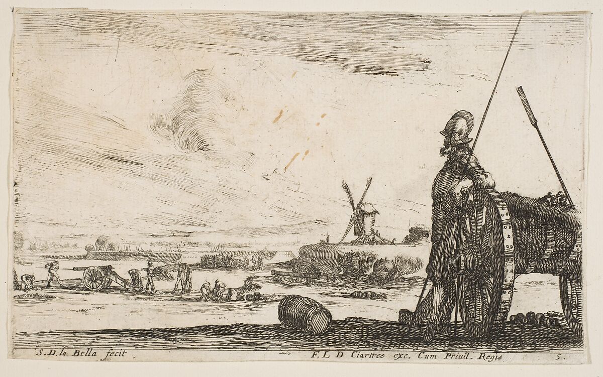 A Pikeman standing at right next to a canon, other military figures in the background, plate 5 from "Various Military Caprices" (Varii capricci militari), Stefano della Bella (Italian, Florence 1610–1664 Florence), Etching; second state of three 