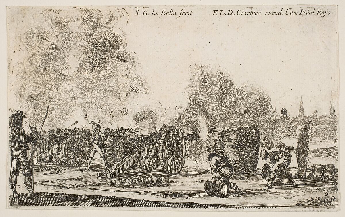 Battery of cannons firing on a city, plate 6 from "Various Military Caprices" (Varii capricci militari), Stefano della Bella (Italian, Florence 1610–1664 Florence), Etching; second state of four 