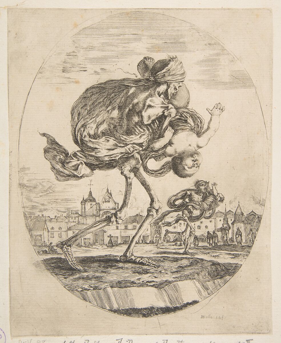 Death carrying an infant, from "The five deaths" (Les cinq Morts), Stefano della Bella (Italian, Florence 1610–1664 Florence), Etching, second state of two 