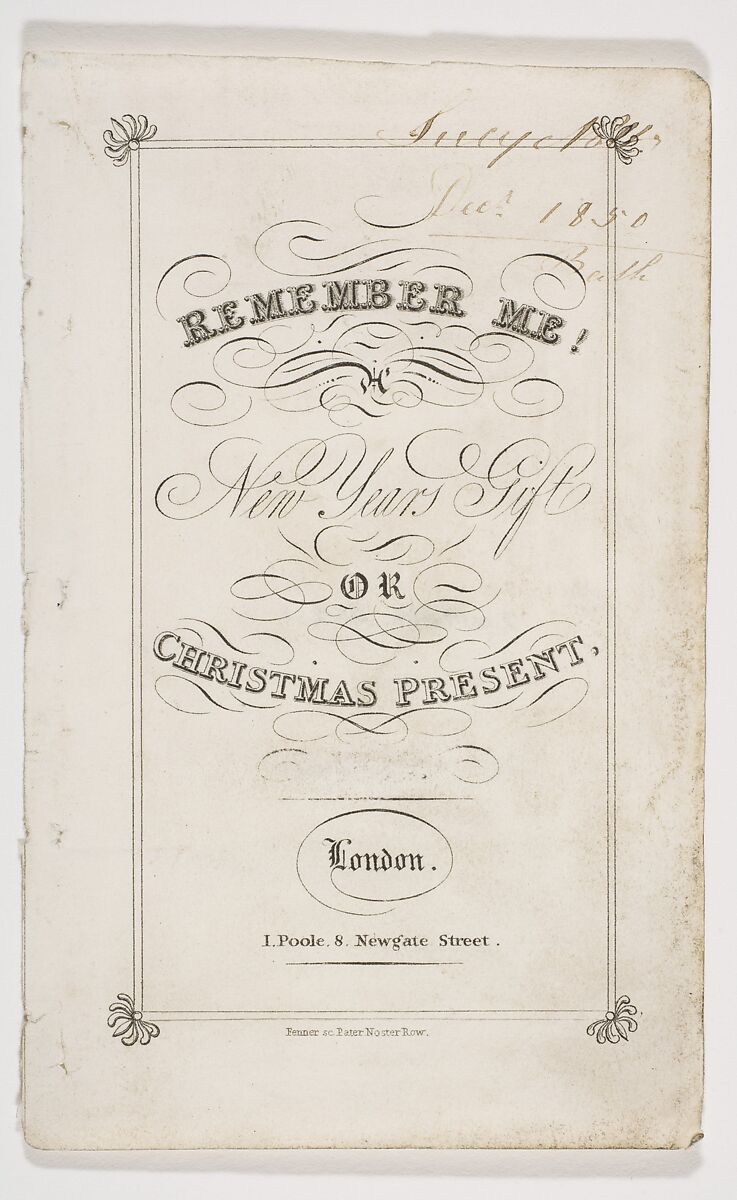 Remember Me! New Year's Gift or Christmas Present, Fenner (British, early 19th century), Engraving 