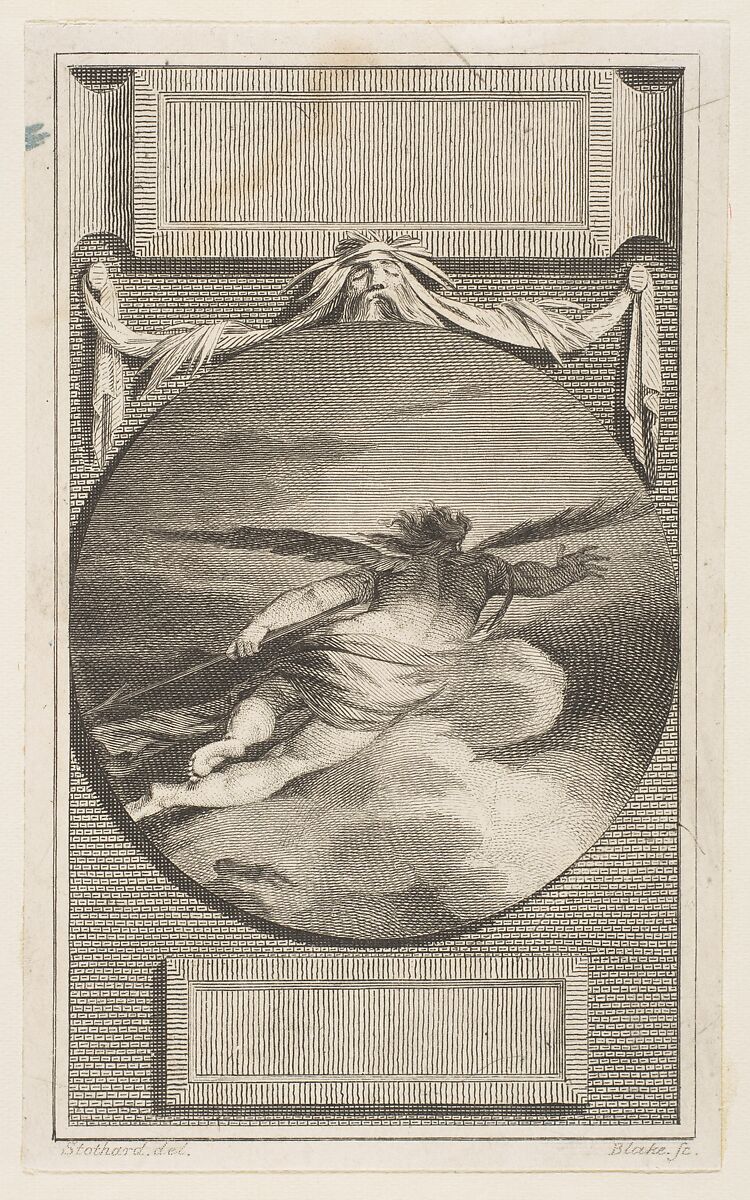 Winged Figure Flying Through Clouds, from Bell's "Poets", William Blake (British, London 1757–1827 London), Etching and engraving; only state 