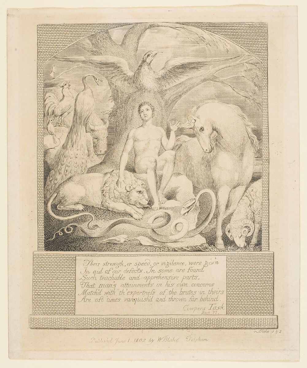 Adam and the Beasts, Frontispiece to Hayley's "Ballads", William Blake (British, London 1757–1827 London), Engraving 
