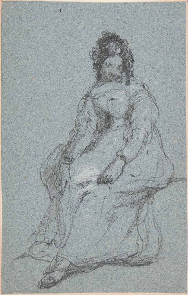 Seated girl, George Jones (British, London 1786–1869 London), Black and white chalk on blue paper 