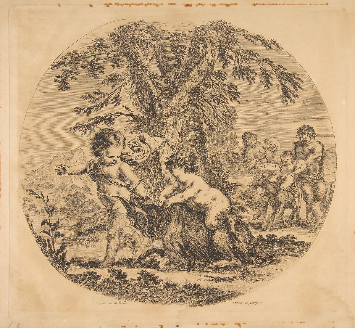 A child and a satyr child playing with a goat, Stefano della Bella (Italian, Florence 1610–1664 Florence), Etching; second state of two 