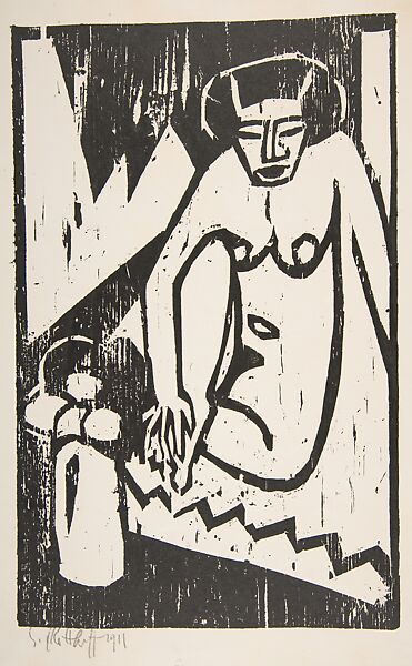 Girl with Vase of Flowers (Mädchen mit Blumenvase), Karl Schmidt-Rottluff (German, 1884–1976), Woodcut 
