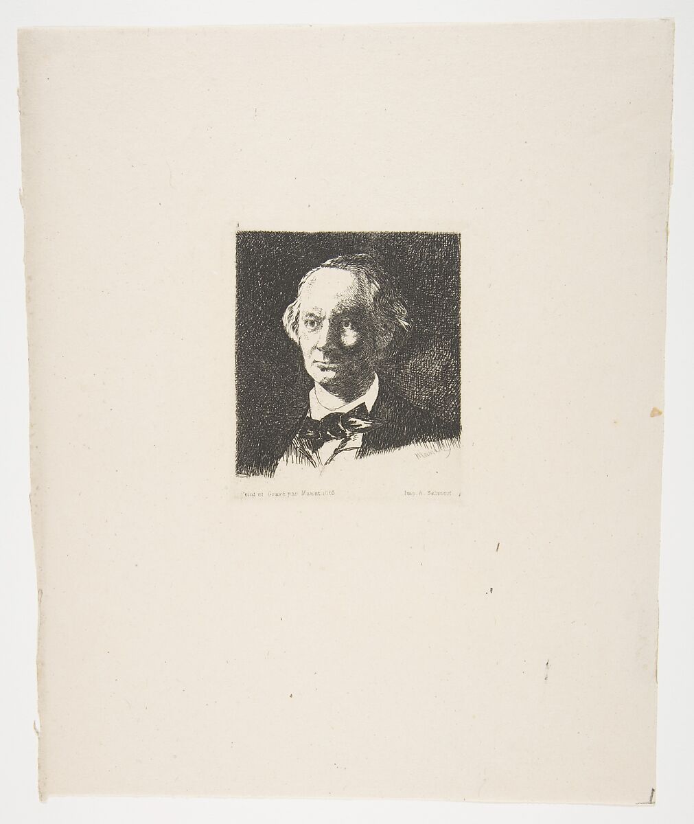 Portrait of Charles Baudelaire, Full Face, after a photograph by Nadar, Edouard Manet (French, Paris 1832–1883 Paris), Etching on wove (China) paper, final state of 4