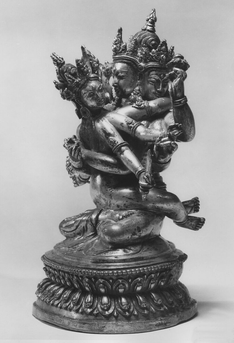 Manjuvajra and Vidyadhara in Ecstatic Embrace (Yab-Yum), Gilt bronze inlaid with turquoise and carnelian, Tibet 