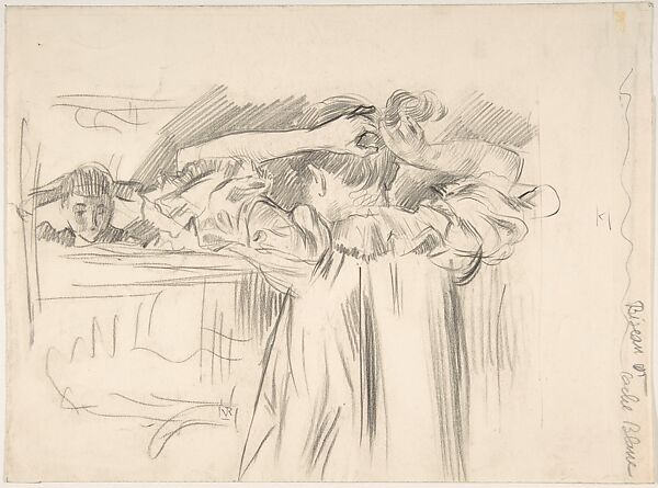 Maria Van Rysselberghe Arranging Her Hair before a Mirror, Theo Van Rysselberghe (Belgian, Ghent 1862–1926 Saint Clair), Graphite with touches of pen and ink on laid paper