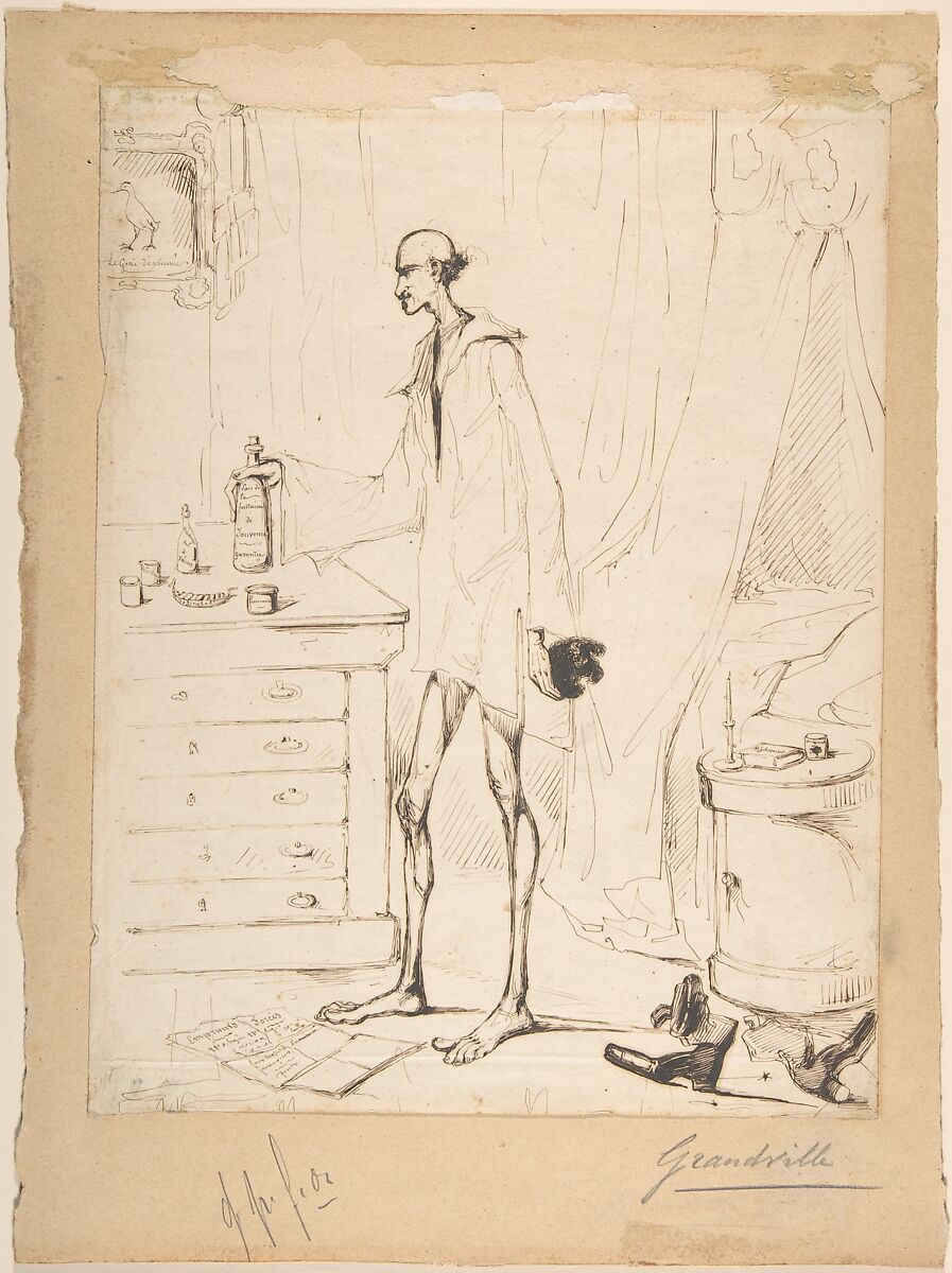 Man in a Nightshirt Reaching for a Bottle Labeled "Fountain of Youth", J. J. Grandville (French, Nancy 1803–1847 Vanves), Pen and brown ink on wove paper, laid down on brown wove paper 