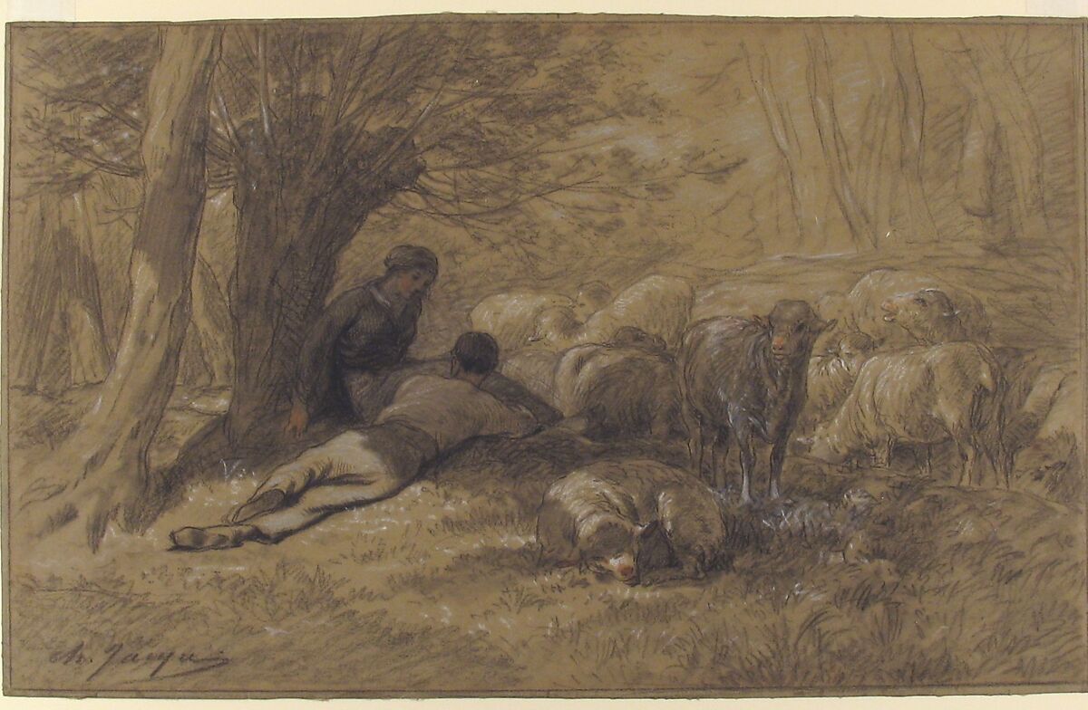 Tending the Sheep, Charles Jacque (French, Paris 1813–1894 Paris), Black chalk, with touches of red, blue, and white chalk on brown wove paper laid down on white wove paper