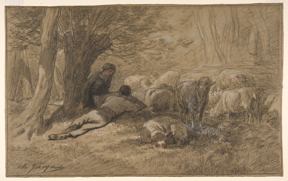 Tending the Sheep, Charles Jacque (French, Paris 1813–1894 Paris), Black chalk, with touches of red, blue, and white chalk on brown wove paper laid down on white wove paper 