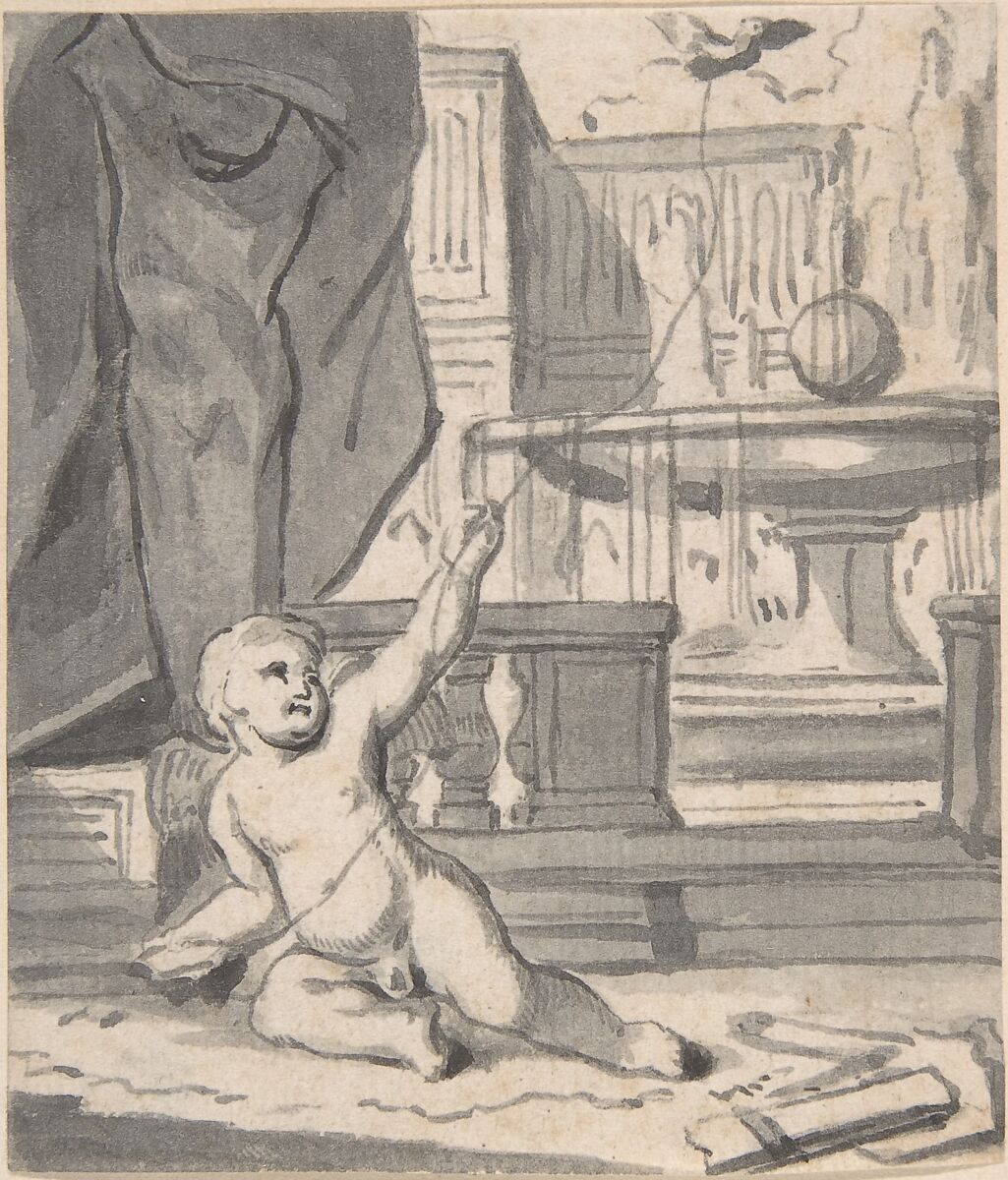 Cupid with a Bird on a String, Joseph Werner the Younger (Swiss, Berne 1637–1710 Berne), Brush and gray wash 