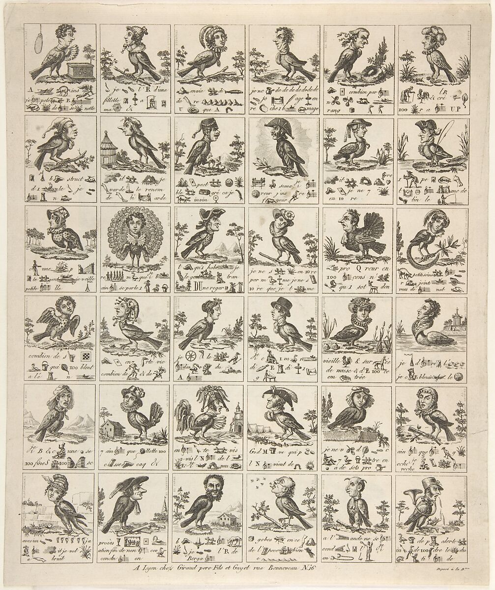 Sheet of Rebuses with Birds with Human Heads, Anonymous, French, 19th century, Etching and engraving on laid paper 