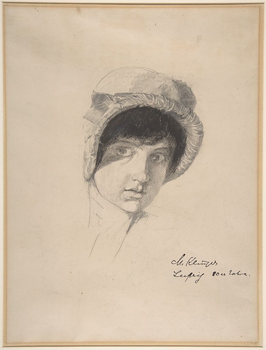 The Head of a Young Woman Wearing a Bonnet, Max Klinger (German, Leipzig 1857–1920 Großjena), Graphite with pen, brush and ink 