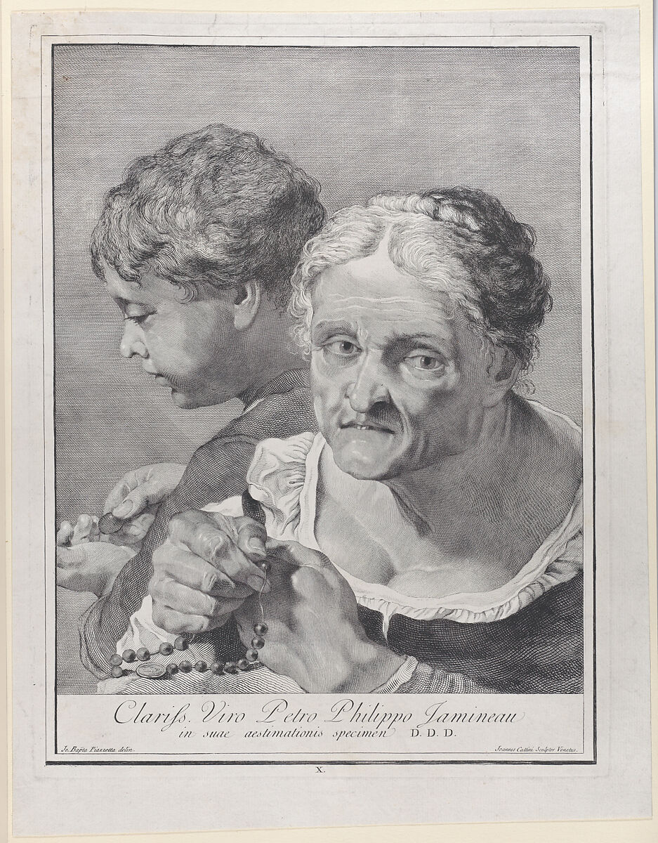 Plate 10: Old woman with a rosary and a boy counting coins; from 'Icones ad vivum expressae' after Giovanni Battista Piazzetta, Giovanni Cattini (Italian, Venice ca. 1715–ca. 1800 Venice), Etching 