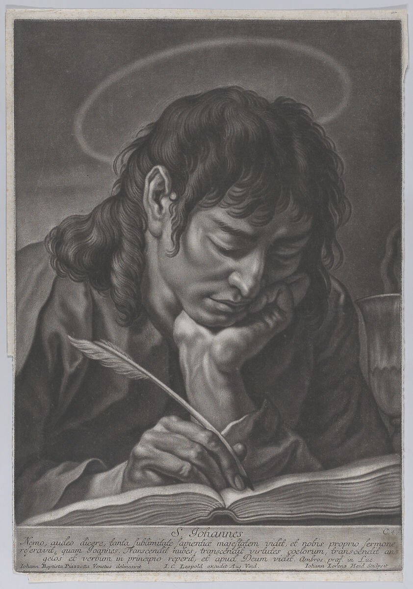 Saint John the Evangelist; head and shoulders, writing with a quill, Johann Lorenz Haid (German, Kleineislingen 1702–1750 Augsburg), Mezzotint 