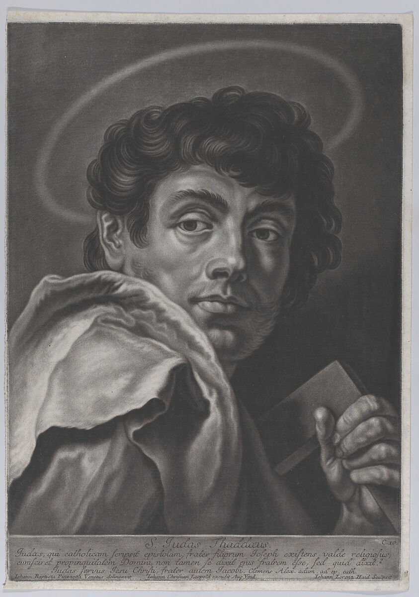 Saint Jude, head and shoulders, holding a square rule, Johann Lorenz Haid (German, Kleineislingen 1702–1750 Augsburg), Mezzotint 