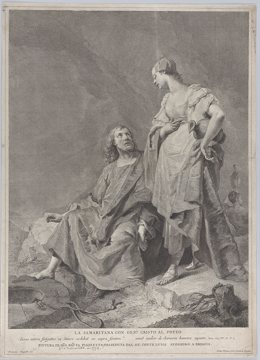 Christ and the woman of Samaria at the well, from the series of 112 prints of the sacred history, after the painting by Giovanni Battista Piazzetta, Pietro Monaco (Italian, Belluno 1707–1772 Venice), Etching and engraving 