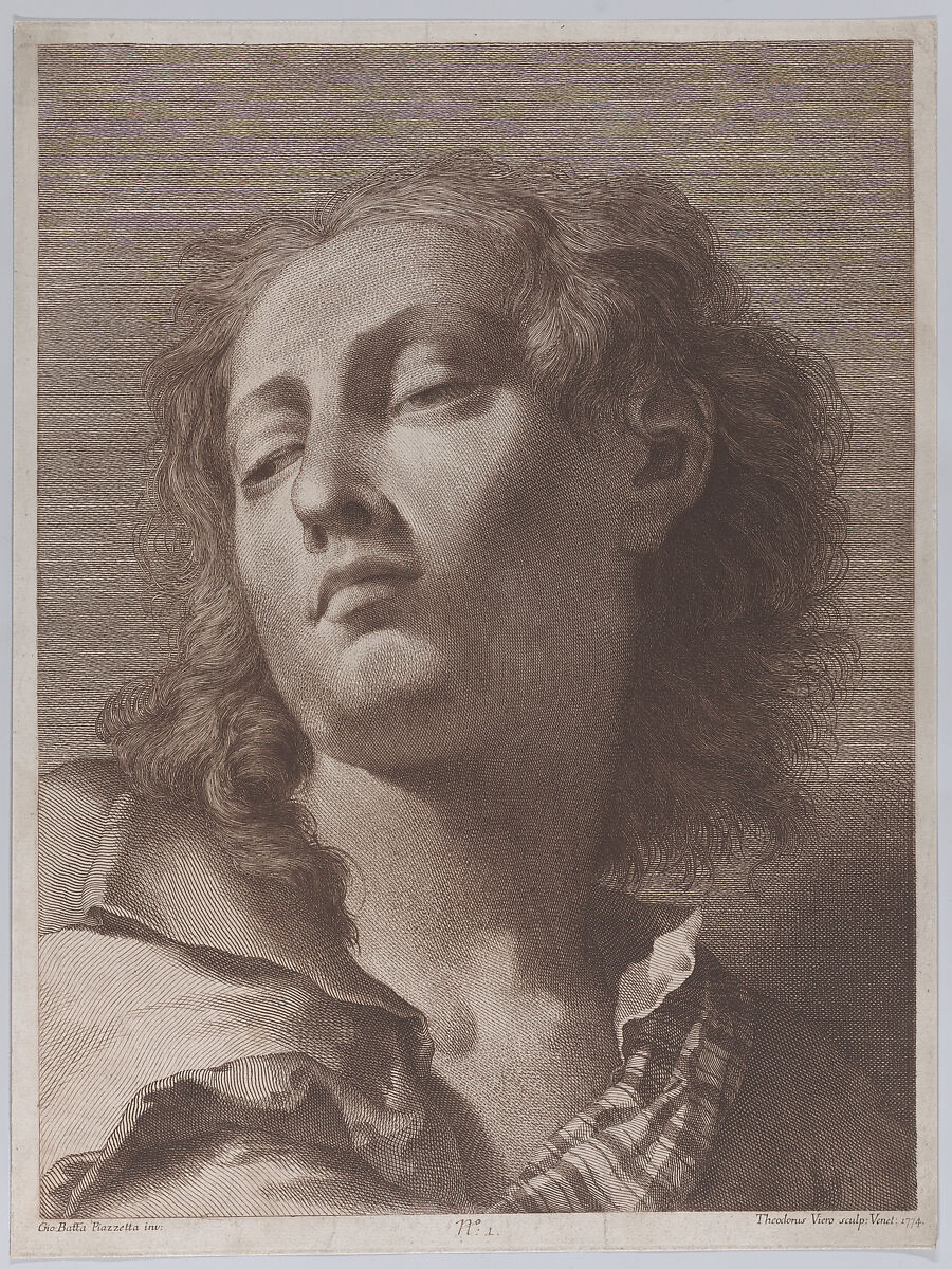Head of a young man looking upwards; after Giovanni Battista Piazzetta, Teodoro Viero (Italian, Bassano 1740–1819 Venice), Engraving, printed in brown ink 