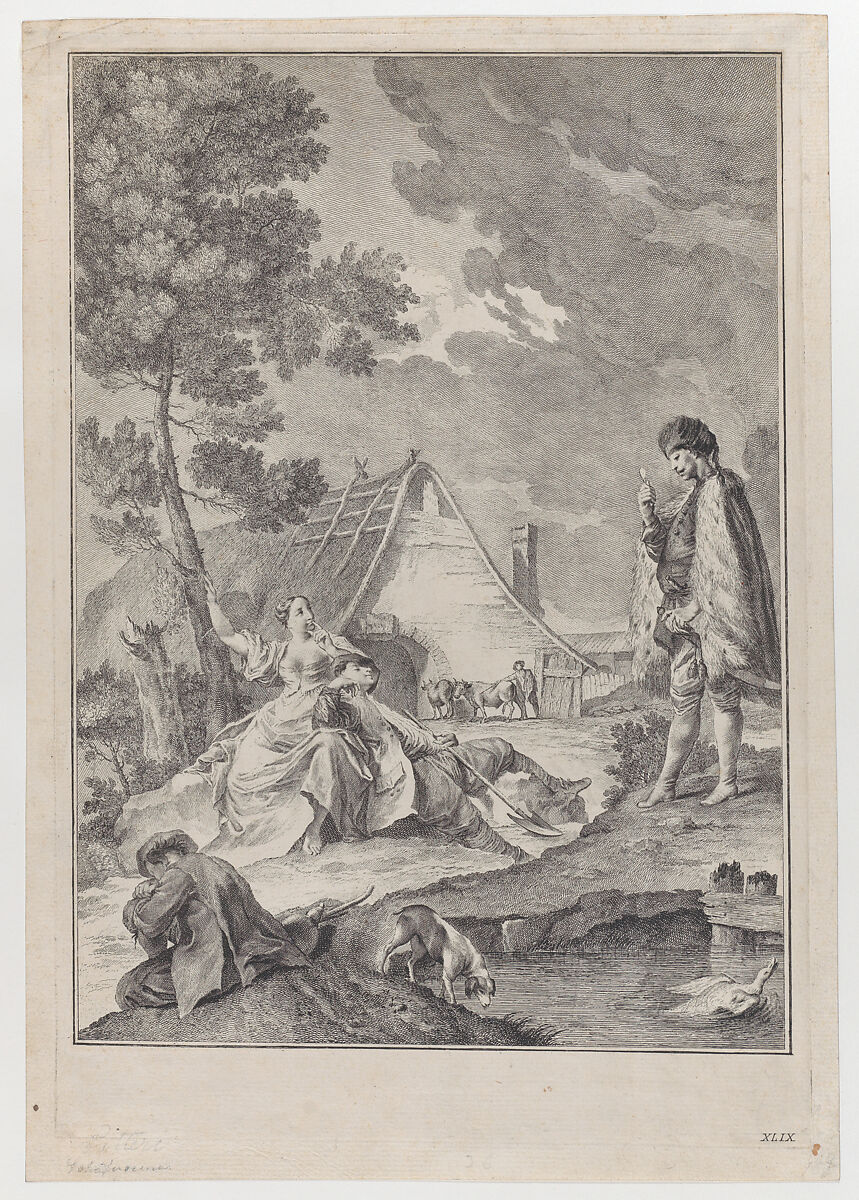 Plate XLIX: Pastoral scene with peasants napping, one resting on a woman under a tree, a soldier approaches at right; from 'Studi di pittura gia dissegnati da Giambatista Piazzetta' after Giovanni Battista Piazzetta, Giuliano Giampiccoli (Italian, 1703–1759), Engraving and etching 