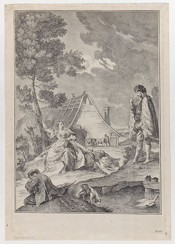 Plate XLIX: Pastoral scene with peasants napping, one resting on a woman under a tree, a soldier approaches at right; from 'Studi di pittura gia dissegnati da Giambatista Piazzetta' after Giovanni Battista Piazzetta